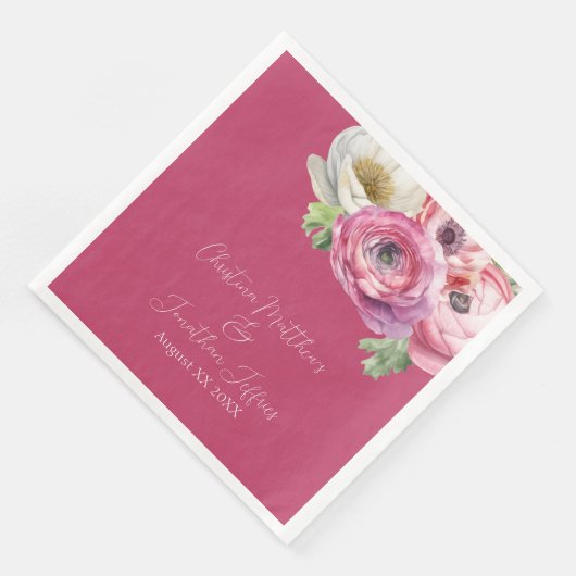 Romantische Wasserfarbe Rosa Ranunculus auf Rosa Serviette (Ecke)