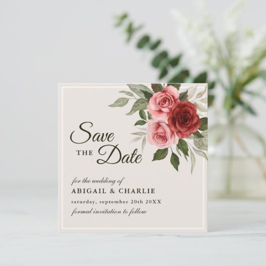 Romantische Wasserfarbe Rosa Rosen Hochzeitsfeier Save The Date (Stehend Vorderseite)