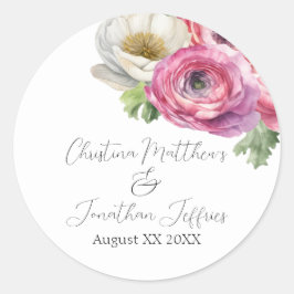 Romantische Wasserfarbe Rosa und Weiße Ranunculus Runder Aufkleber