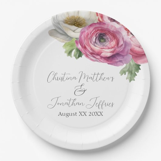 Romantische Wasserfarbe Rosa & Weiße Ranunculus Pappteller (Vorderseite)