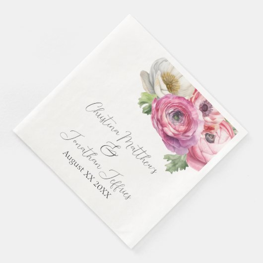 Romantische Wasserfarbe Rosa & Weiße Ranunculus Serviette (Ecke)