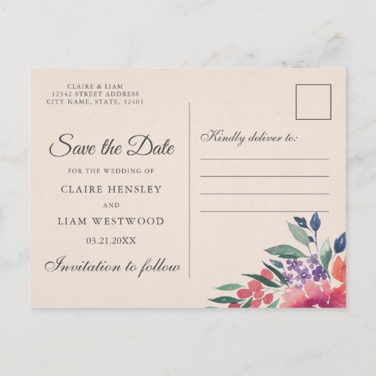 Romantische Wasserfarbe Save the Date Ankündigungspostkarte (Rückseite)