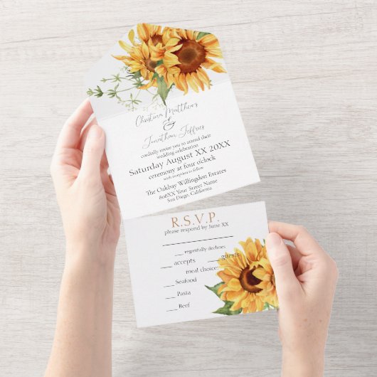 Romantische Wasserfarbe Sonnenblumen All In One Einladung (Abreißen)