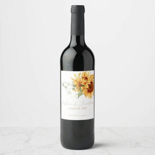 Romantische Wasserfarbe Sonnenblumen Weinetikett (Vorderseite)
