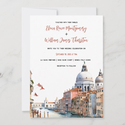 Romantische Wasserfarbe Venedig Hochzeit Italien Einladung (Vorderseite)