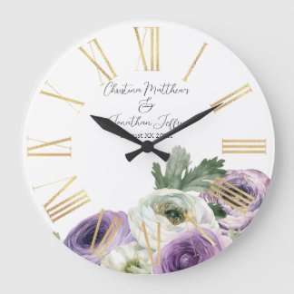 Romantische Wasserfarbe Weiß & Lila Ranunculus Große Wanduhr