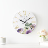 Romantische Wasserfarbe Weiß & Lila Ranunculus Große Wanduhr (Zuhause)