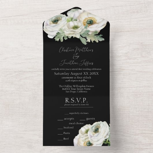 Romantische Wasserfarbe Weißer Ranunculus auf schw All In One Einladung (Innen Boden)