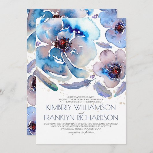 Romantische Wasserfarben Blume Blauer Boho Hochzei Einladung (Vorne/Hinten)