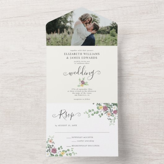 Romantische Wasserfarben Blumengrün Hochzeit All In One Einladung (Innen Boden)