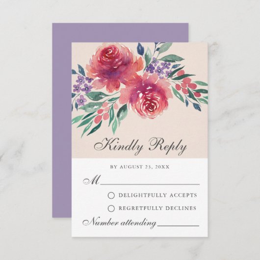 Romantische Wasserfarben Florals Lila RSVP-Karte Hinweiskarte (Vorne/Hinten)