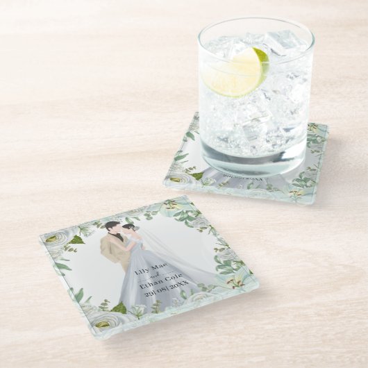 Romantische Wasserfarben-Hochzeit Glasuntersetzer (Schrägansicht)