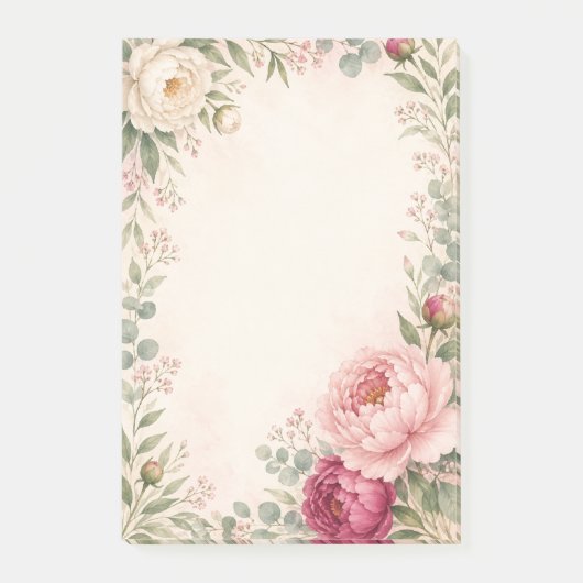 Romantische Wasserfarben-Pfingstrosen-Blumenborder Post-it Klebezettel (Vorderseite)