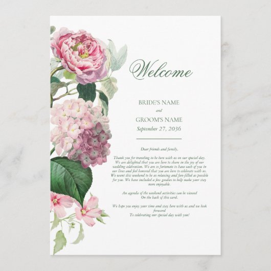 Romantische Wasserfarben Rosa Blume Hochzeitreise Programm (Vorderseite)