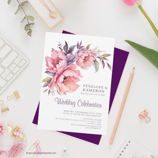 Romantische Wasserfarben Rosa Peony Einladung