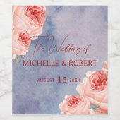 Romantische Wasserfarben Rosen auf Blauer Hochzeit Weinetikett (Einzelnes Label)