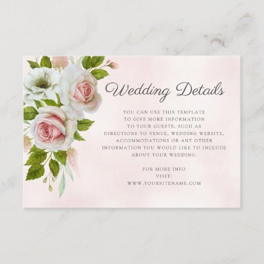 Romantische Wasserfarben Rosen Hochzeitsdetails Begleitkarte (Vorderseite)