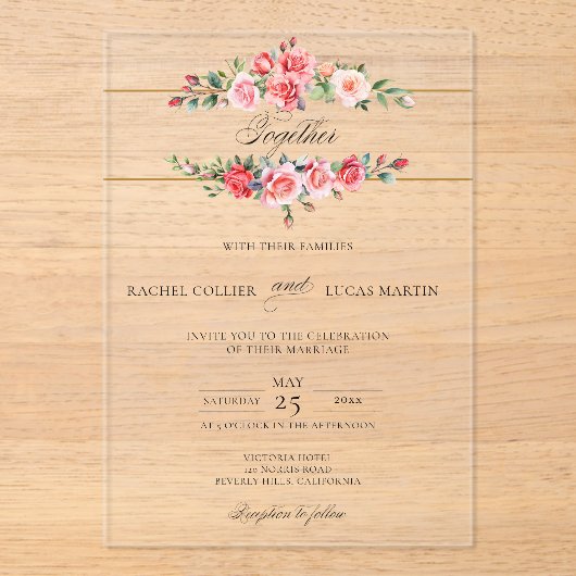 Romantische Wasserfarben Rosen und Kalligraphie Acryleinladungen (Vorderseite)