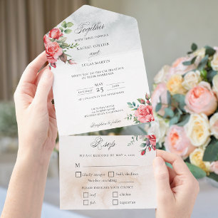 Romantische Wasserfarben Rosen und Kalligraphie All In One Einladung