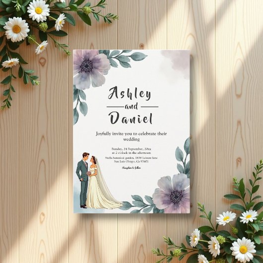 Romantische Wasserfarbenblütenhochzeit Einladung