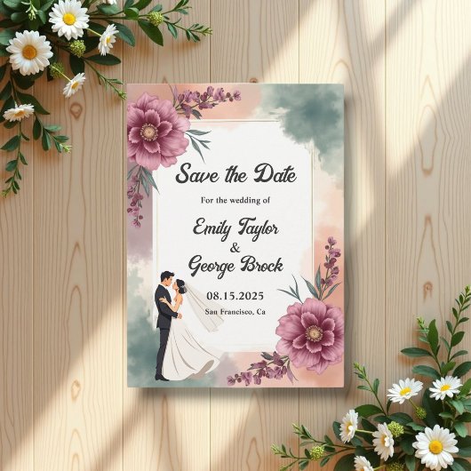 Romantische Wasserfarbenblütenhochzeit Save The Date