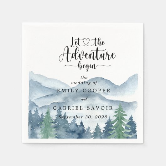 Romantische Wasserfarbengebirge Bäume Hochzeit Serviette (Vorderseite)