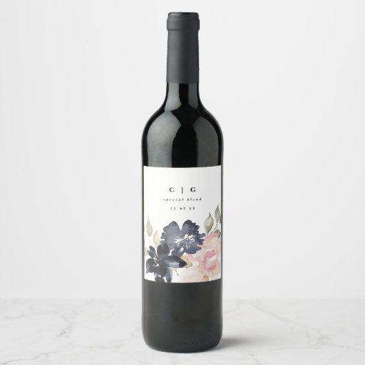 Romantische Wasserfarbennacht Florals Hochzeitsfla Weinetikett (Vorderseite)