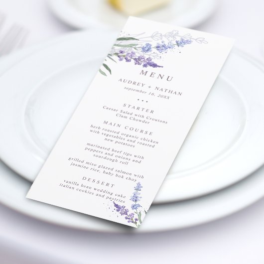 Romantische Watercolor Lavendel Wedding Menü