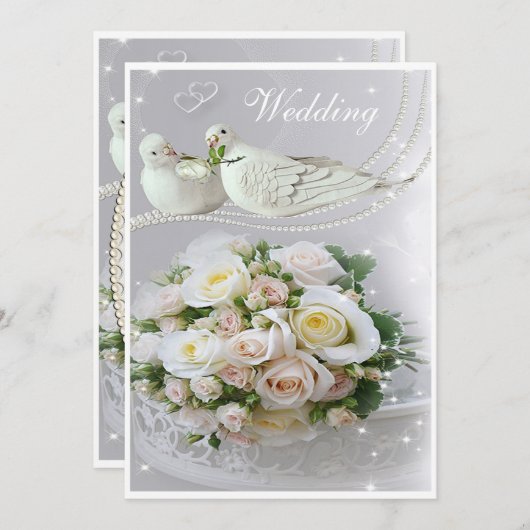 Romantische Wedding Tauben, Glitzern u. Rosen Einladung (Vorne/Hinten)