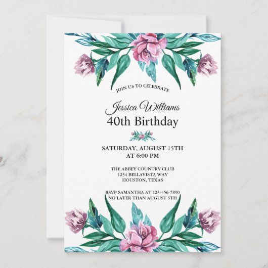 Romantische Weibchenblüte 40. Geburtstag Einladung (Vorderseite)