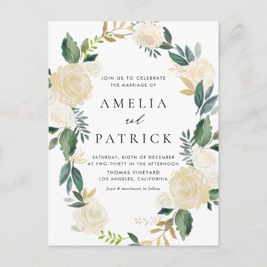 Romantische weiche Elfenbeinflorenkraende QR-Code  Einladungspostkarte (Vorderseite)