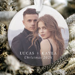 Romantische Weihnachtsschmuck mit 2 Fotos Ornament<br><div class="desc">Erinnern Sie sich an Ihr erstes Weihnachtsfest zusammen als Paar mit diesem schönen 2-Foto-Ornament,  das eine Textvorlage für Ihre Namen und das Jahr enthält. Es ist ein bleibender Pfand,  die Feiertage als Paar zu schätzen.</div>