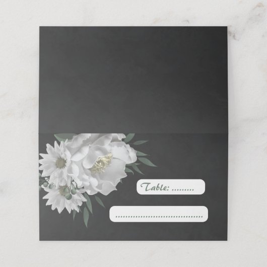Romantische weiße Blume botanisch schwarz Platzkarte (Außenseite Aufgefaltet)