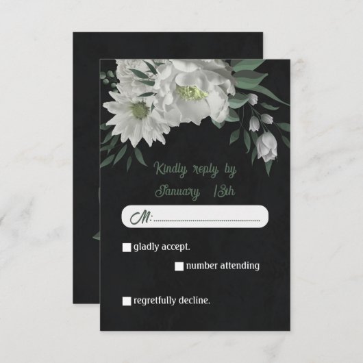 Romantische weiße Blume grün botanisches Schwarz RSVP Karte (Vorne/Hinten)