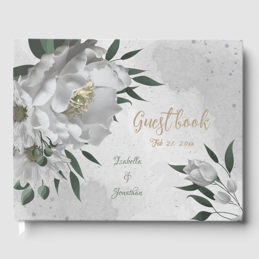 Romantische weiße Blume & grüne Blätter Hochzeit Gästebuch (Vorderseite)