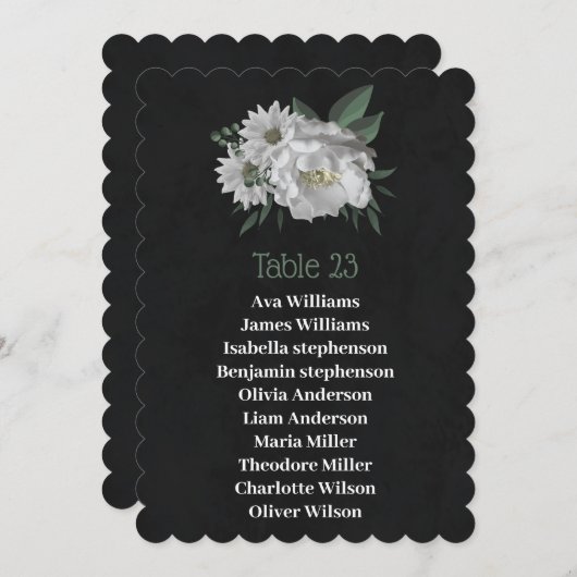 Romantische weiße Blume Schwarze Sitzkarte Einladung (Vorne/Hinten)