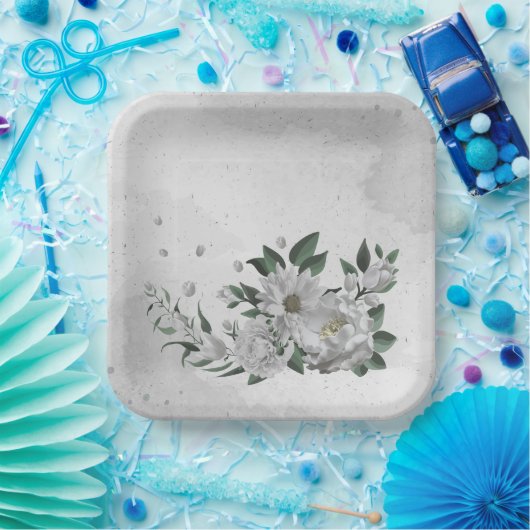 Romantische weiße Blume und grüne Blätter Pappteller (Party)