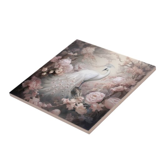 Romantische Weiße Pfaue und Rosa Blume Fliese (Seite)