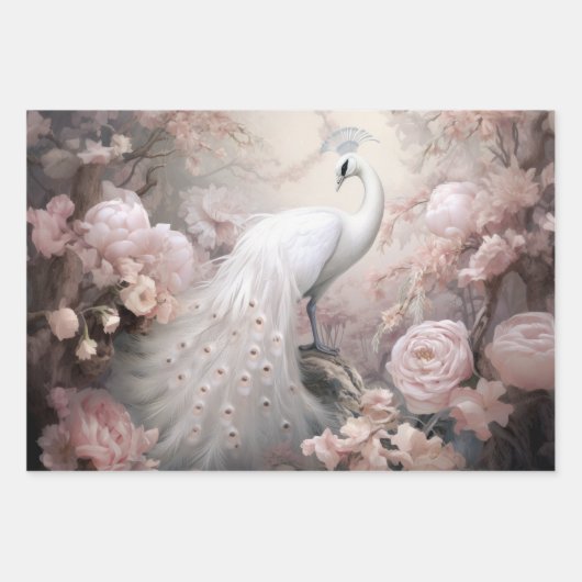 Romantische Weiße Pfaue und Rosa Blume Geschenkpapier Set (Vorderseite 2)