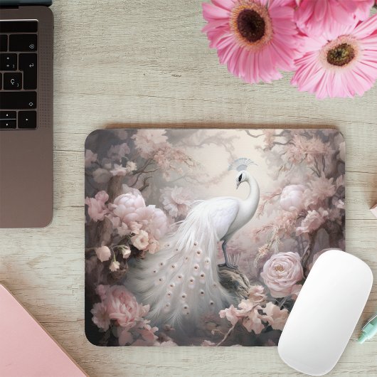 Romantische Weiße Pfaue und Rosa Blume Mousepad