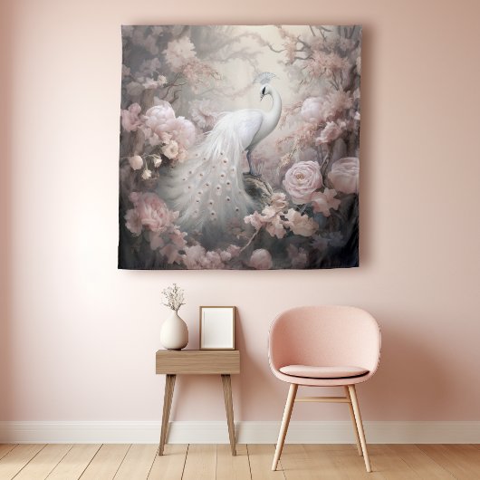 Romantische Weiße Pfaue und Rosa Blume Wandteppich