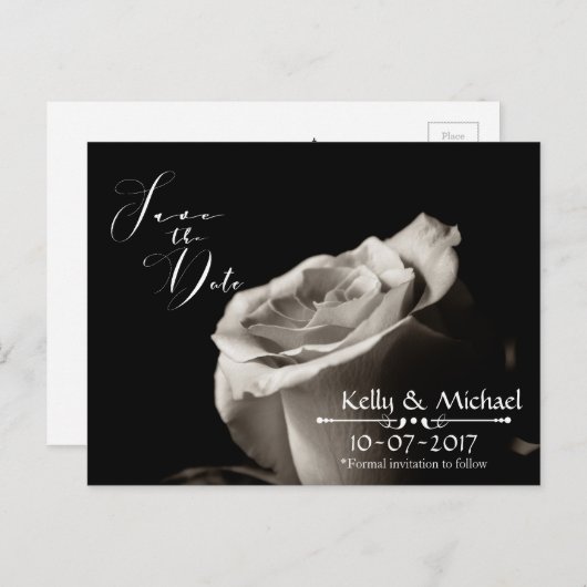Romantische weiße Rose Speichern Sie die Datumskar Ankündigungspostkarte (Vorne/Hinten)