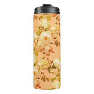 Romantische weiße Rosen auf orangefarbenem Hinterg Thermosbecher