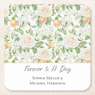 Romantische weiße Rosen Blumen Pfirsiche Hochzeit Rechteckiger Pappuntersetzer