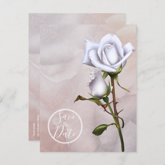 Romantische Weiße Rosen Elegant Save the Date Ankündigungspostkarte (Vorne/Hinten)