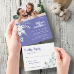 Romantische weiße sanfte Blume lila Foto Hochzeit All In One Einladung<br><div class="desc">Entdecken Sie die perfekte Hochzeitssuite mit dieser romantischen und wunderschönen Hochzeitssuite, die mit einem zarten Aquarellbukett mit weißen sanften Blume, ergänzt durch Grünpflanzen und andere botanische Blätter an der links oberen Ecke, über einem schlichten , modernen, zwinkligen lila Hintergrund ergänzt wird. Bearbeiten Sie die Vorlagenfelder einfach, um die Braut- und...</div>