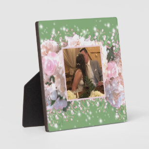 Romantische weiße Spitzen-Hydrangeas, rosa Rosen Fotoplatte