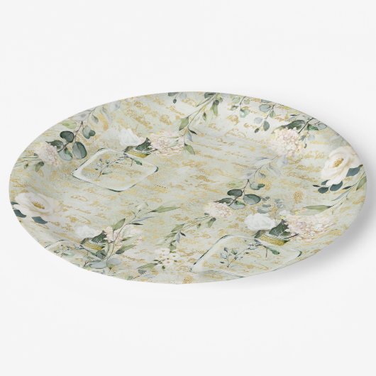 Romantische weiße Vegetation & Gold Botanische Flo Pappteller (Schrägansicht)