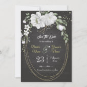 Romantische weiße Vegetation ovales Rahmen schwarz Save The Date (Vorderseite)