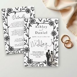 Romantische Whimsical Black and White Couple Weddi Einladung
